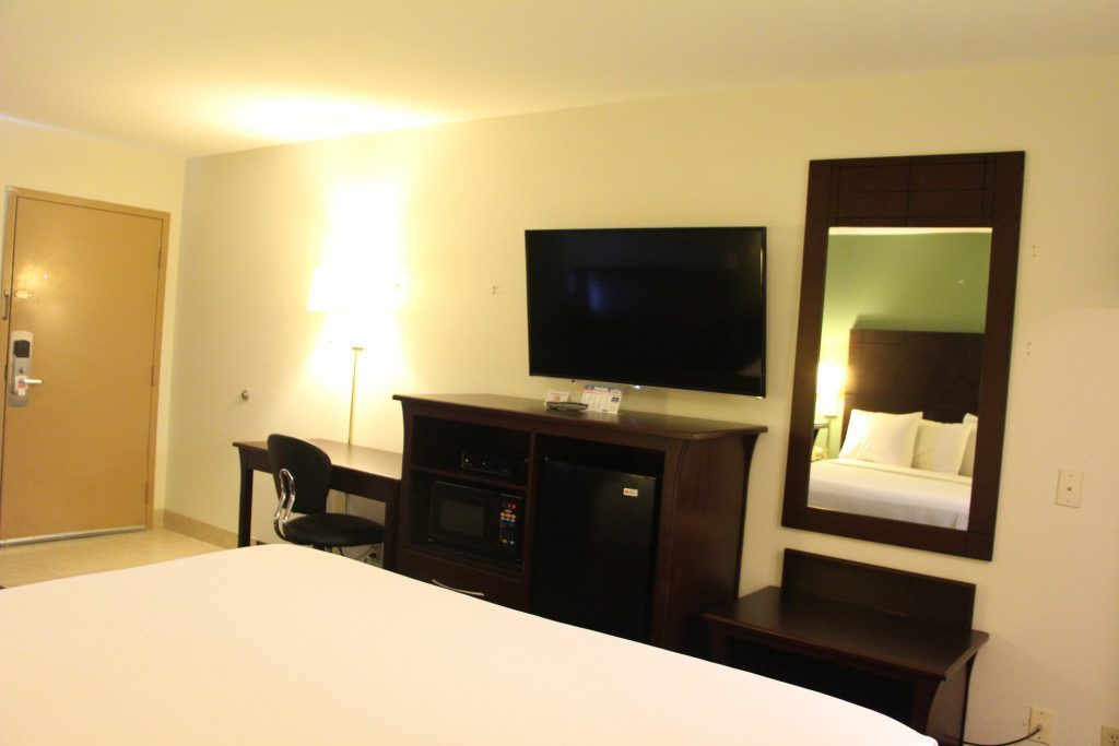 Guest room with work desk, microwave, refrigerator and LED TV